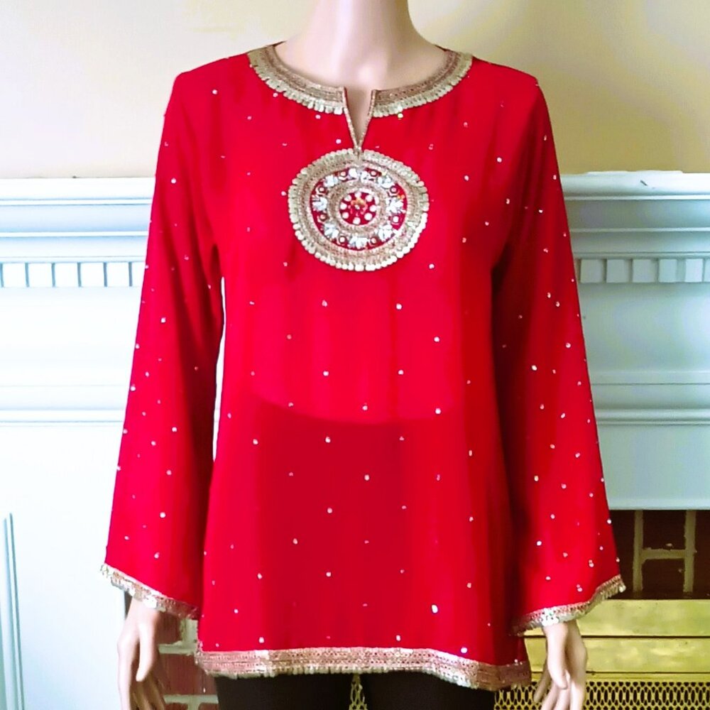 Red Bead & Sequin Tunic Top M Sheer Long Bell Sleeve Gold Braid Trim Blouse